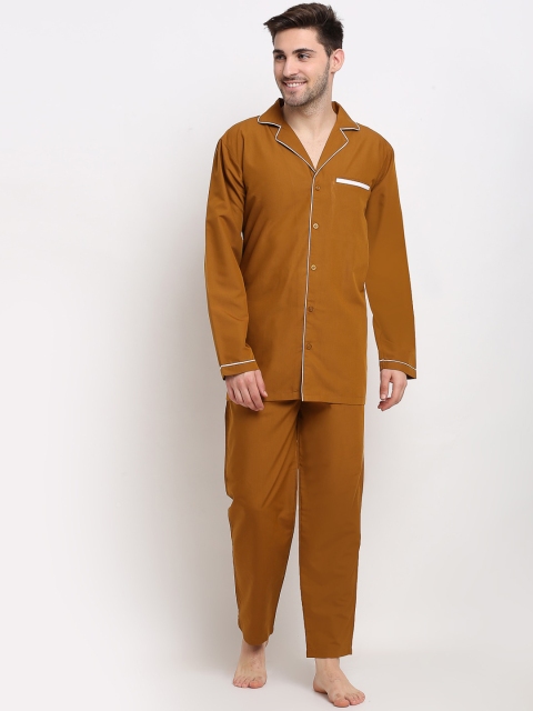 

JAINISH Men Mustard & White Cotton Night suit