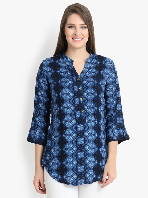 

ALC Creations Women Blue Tie and Dye Print Mandarin Collar Top