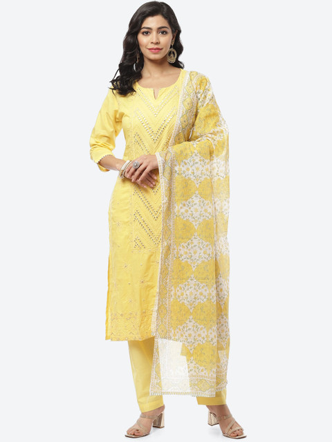 

Meena Bazaar Women Yellow Embroidered Mirror Work Pure Cotton Kurta with Trousers & With Dupatta