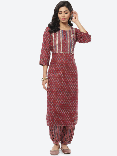 

Meena Bazaar Women Maroon Ethnic Motifs Printed Gotta Patti Pure Cotton Kurta with Palazzos