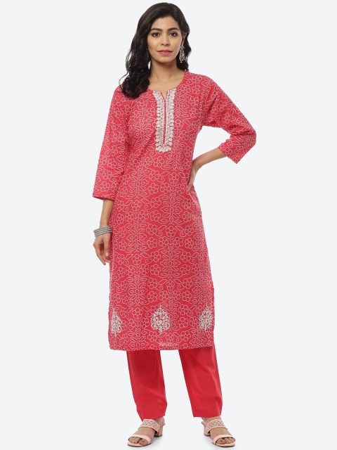 

Meena Bazaar Women Red Bandhani Printed Gotta Patti Pure Cotton Kurti with Trousers