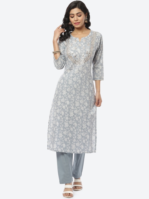 

Meena Bazaar Women Blue Floral Printed Gotta Patti Pure Cotton Kurta with Trousers