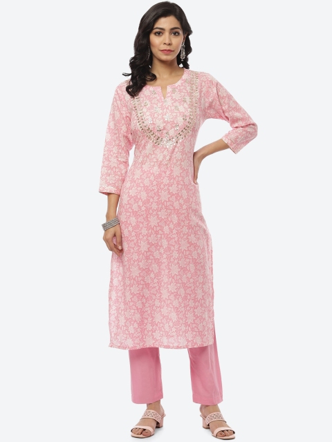 

Meena Bazaar Women Pink Floral Printed Pure Cotton Kurta with Trousers
