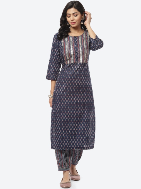 

Meena Bazaar Women Blue Ethnic Motifs Printed Gotta Patti Pure Cotton Kurta with Trousers