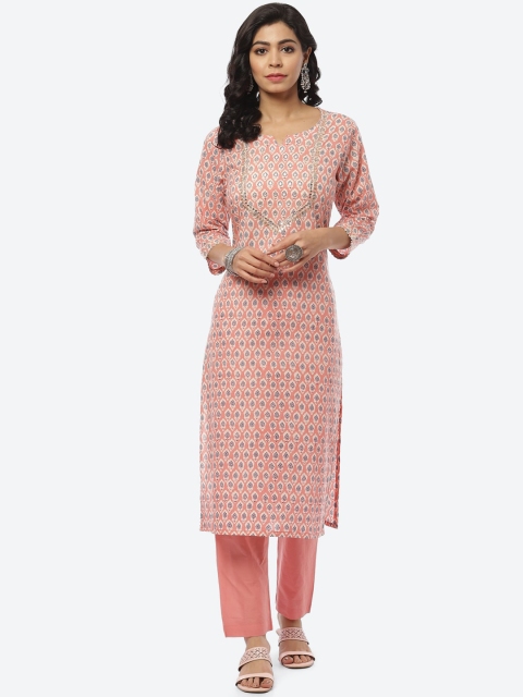 

Meena Bazaar Women Peach-Coloured Ethnic Motifs Printed Gotta Patti Pure Cotton Kurta with Trousers