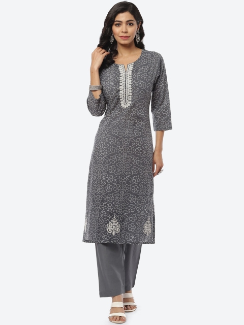 

Meena Bazaar Women Grey Ethnic Motifs Printed Pure Cotton Kurti with Palazzos