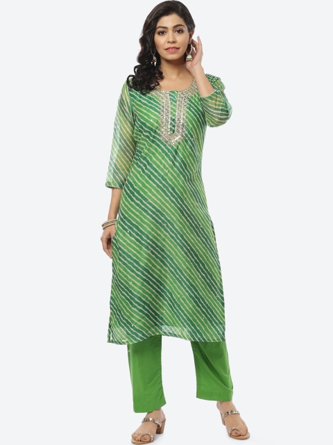 

Meena Bazaar Women Green Leheriya Printed Chanderi Silk Kurti with Trousers