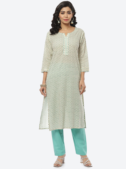 

Meena Bazaar Women Off White Ethnic Motifs Printed Patchwork Pure Cotton Kurta with Pyjamas