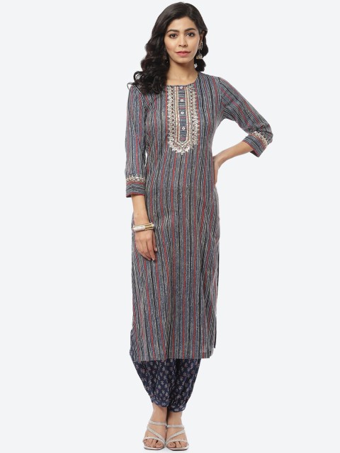 

Meena Bazaar Women Blue Striped Pure Cotton Kurti with Salwar