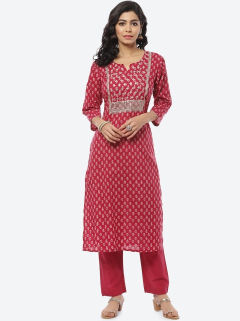 

Meena Bazaar Women Fuchsia Ethnic Motifs Printed Pure Cotton Kurta with Trousers