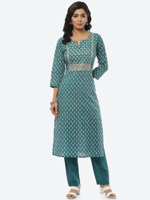 

Meena Bazaar Women Teal Green Ethnic Motifs Printed Pure Cotton Kurti with Salwar