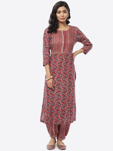 

Meena Bazaar Women Maroon Ethnic Motifs Printed Pure Cotton Kurti with Salwar