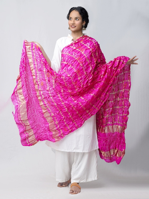 

Unnati Silks Pink & Gold-Toned Dyed Pure Silk Tie and Dye Dupatta with Zari