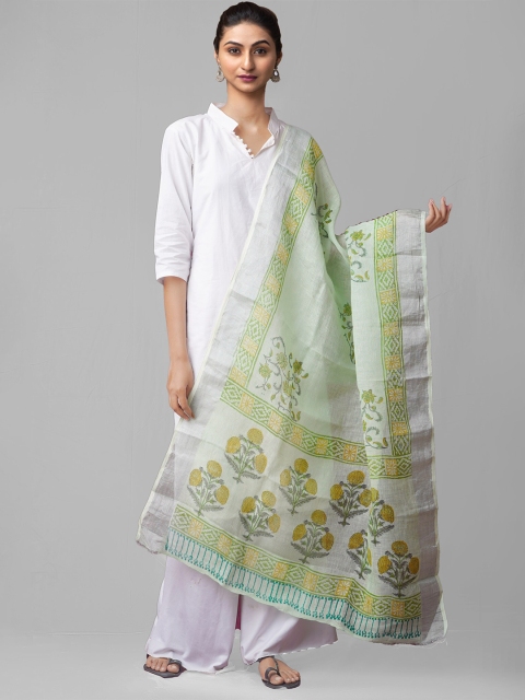 

Unnati Silks Green & Yellow Ethnic Motifs Block Print Handloom Sustainable Linen Dupatta