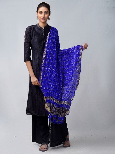 

Unnati Silks Blue & Golden Bandhani Dyed Handloom Sustainable Pure Silk Dupatta with Zari