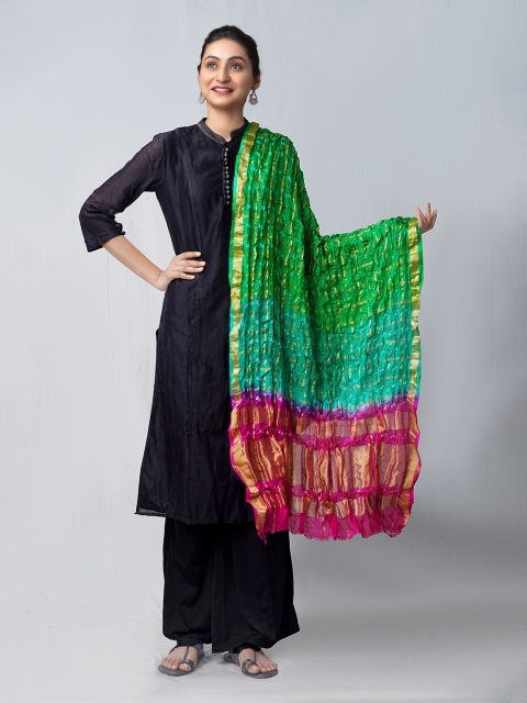 

Unnati Silks Women Green & Gold-Toned Bandhani Tie & Dye Pure Silk Dupatta