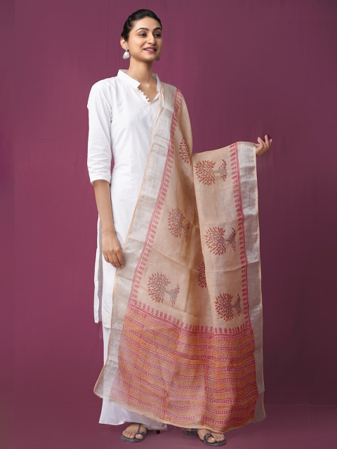 

Unnati Silks Brown & Yellow Printed Linen Block Print Dupatta with Zari