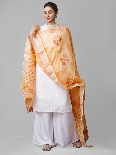 

Unnati Silks Women Orange & White Floral Printed Pure Handloom Linen Dupatta