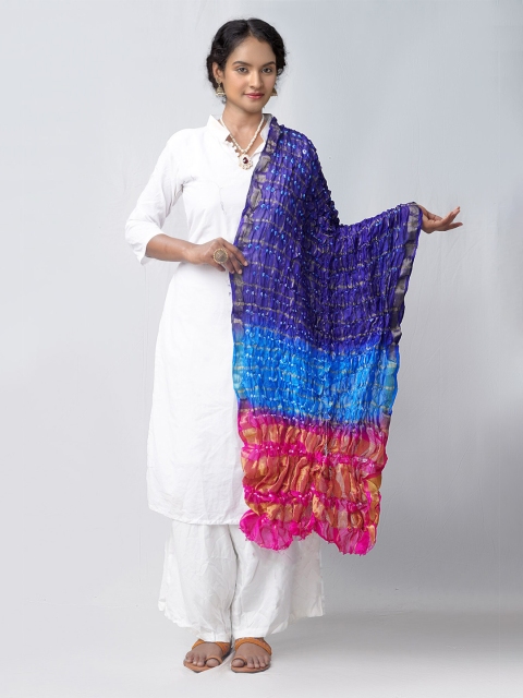 

Unnati Silks Blue & Gold-Toned Printed Pure Silk Bandhani Dupatta with Zari