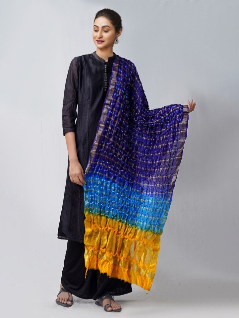 

Unnati Silks Blue & Yellow Pure Silk Tie and Dye Bandhani Dupatta with Zari