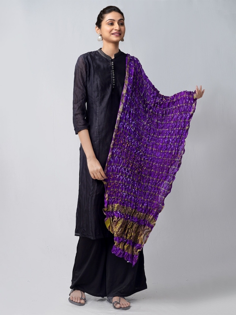 

Unnati Silks Violet Pure Silk Tie and Dye Bandhani Dupatta with Zari