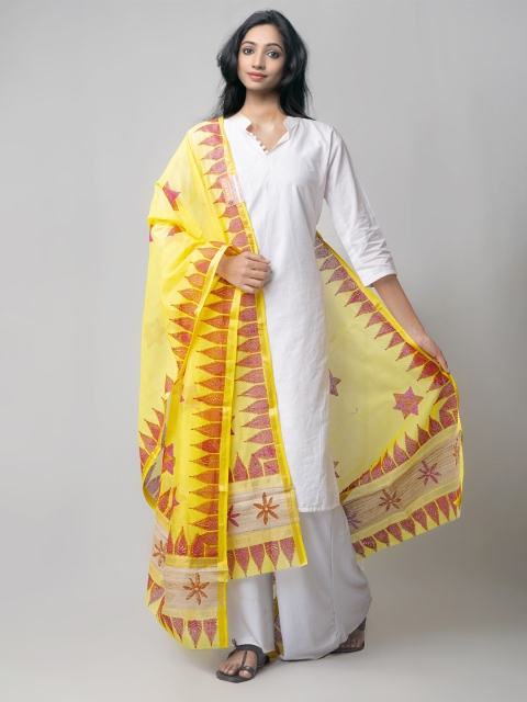 

Unnati Silks Yellow & Red Handloom Sustainable Maheshwari Cotton Silk Block Print Dupatta