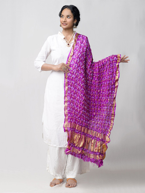 

Unnati Silks Purple & Gold Pure Silk Tie and Dye Bandhani Dupatta with Zari
