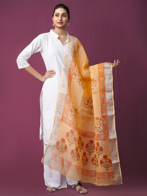 

Unnati Silks Orange & Silver-Toned Ethnic Motifs Printed Handloom Linen Dupatta with Zari