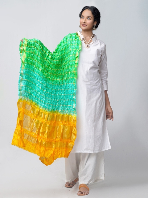 

Unnati Silks Green & Orange Dyed Pure Silk Tie and Dye Dupatta with Zari