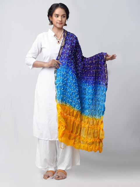 

Unnati Silks Blue & Yellow Dyed Pure Silk Tie & Dye Dupatta