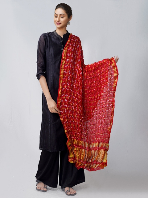 

Unnati Silks Red & Gold-Toned Dyed Pure Silk Tie and Dye Bandhani Dupatta