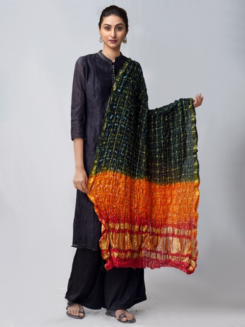 

Unnati Silks Women Black & Orange Bandhani Dyed Pure Silk Dupatta