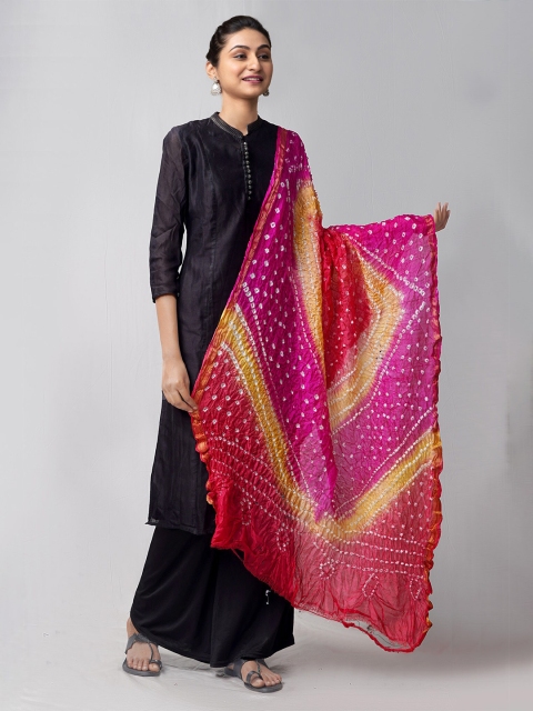 

Unnati Silks Red & Yellow Dyed Pure Silk Tie and Dye Dupatta with Zari