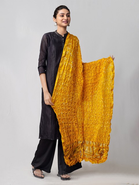 

Unnati Silks Yellow Dyed Pure Bandhani Silk Tie & Dye Dupatta with Zari