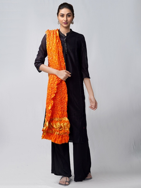 

Unnati Silks Orange & Gold-Toned Dyed Pure Silk Tie and Dye Bandhani Dupatta