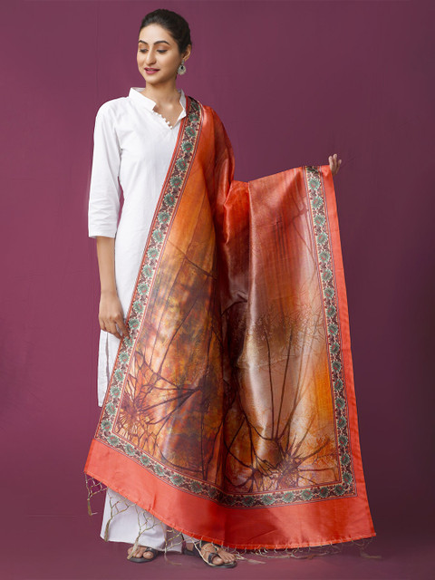 

Unnati Silks Orange & Green Ethnic Motifs Printed Art Silk Block Print Dupatta