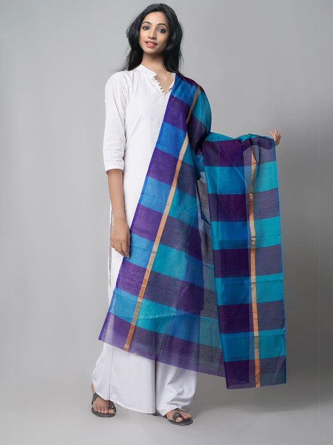 

Unnati Silks Blue & Gold-Toned Checked Malangiri Pure Cotton Handloom Dupatta