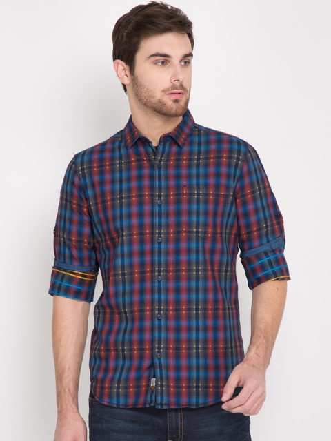 

LOCOMOTIVE Men Navy & Red Slim Fit Checked Casual Shirt, Navy blue