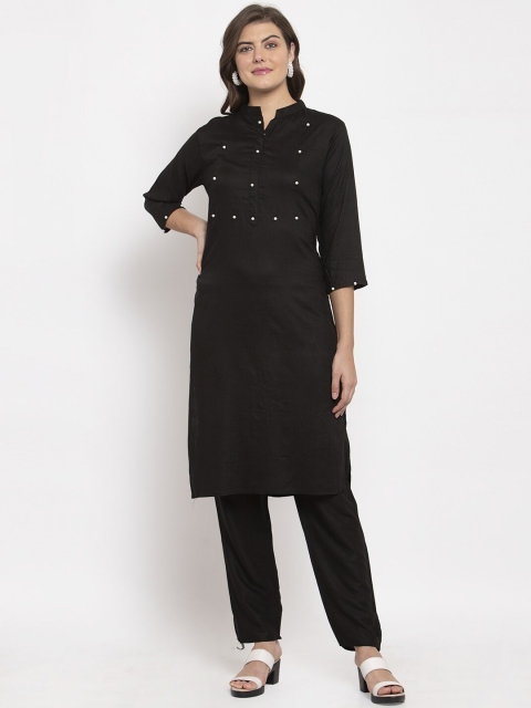 

SOUNDARYA Women Black Embroidered Layered Beads and Stones Kurti with Pyjamas