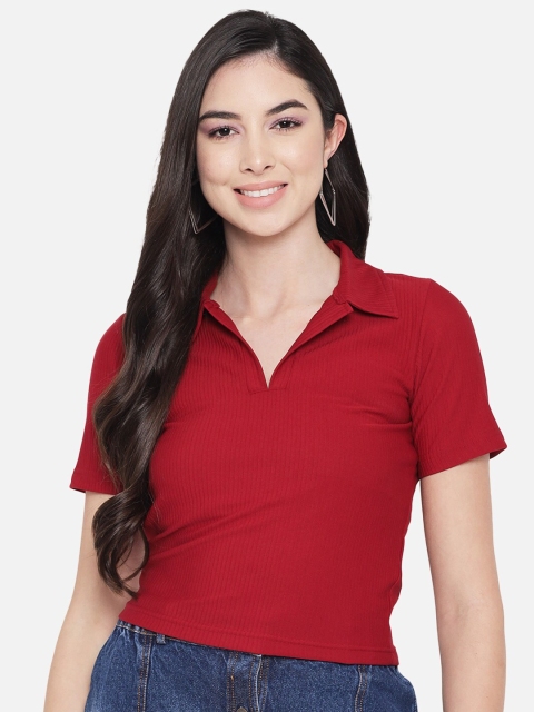 

Orchid Blues Red Solid Shirt Collar Crop Top