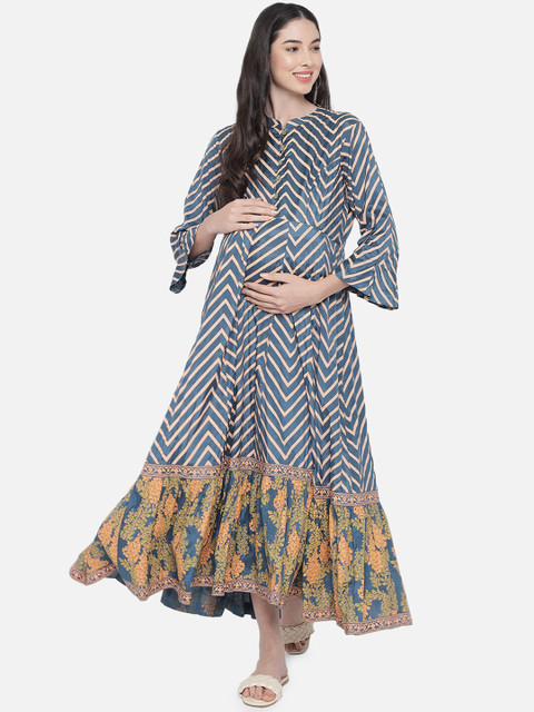 

Aujjessa Women Blue & Peach Striped Maternity Maxi Dress
