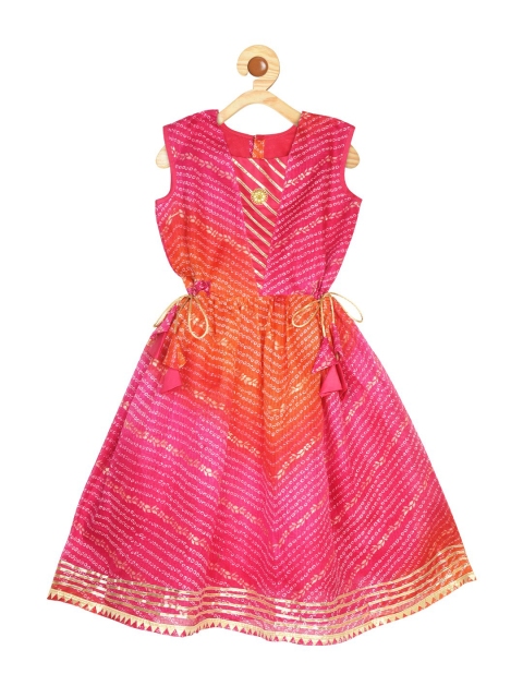 

Kinder Kids Pink Ethnic Foil Bandhani Printed Cotton Dress