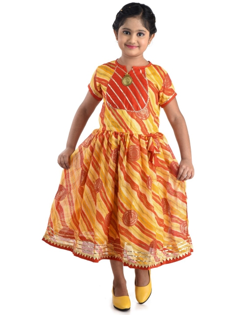 Kinder Kids Yellow & Red Bandhani Printed Ethnic Midi Dress