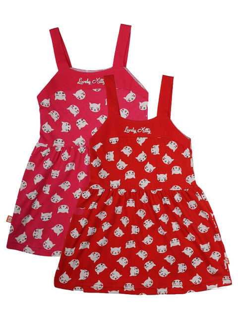 

Bodycare Girls Pack of 2 Red & Pink Printed Shoulder Straps Cotton Fit & Flare Dress