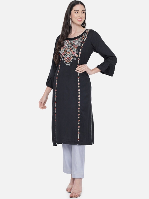 

Aujjessa Women Black Ethnic Motifs Embroidered Flared Sleeves Kurta