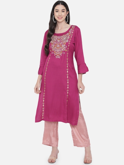 

Aujjessa Women Magenta & Silver-Toned Ethnic Motifs Embroidered Bell Sleeves Rayon Kurta