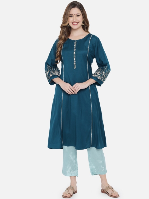 

Aujjessa Women Teal Keyhole Neck Flared Sleeves Thread Work Kurta