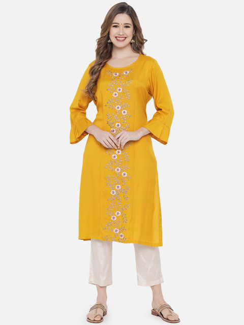 

Aujjessa Women Mustard Yellow & White Ethnic Motifs Embroidered Bell Sleeves Rayon Kurta