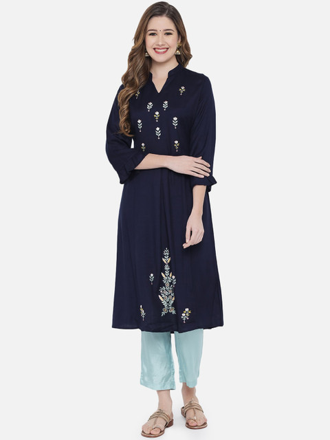 

Aujjessa Women Navy Blue & Blue Floral Embroidered Kurta
