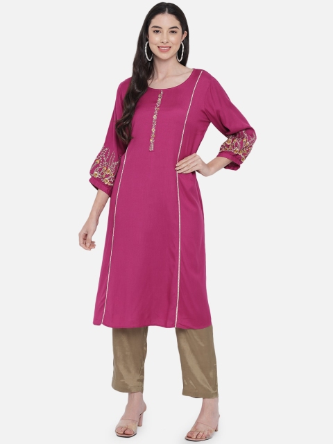 

Aujjessa Women Magenta Ethnic Motifs Embroidered Kurta